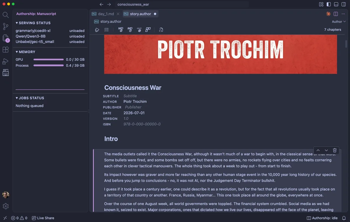 Authorship open on a manuscript in VS Code